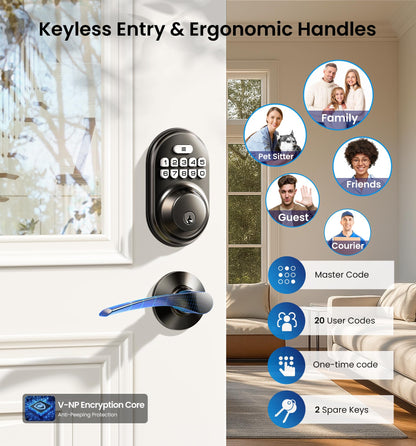 Veise Keyless Entry Door Lock with 2 Lever Handles - Electronic Keypad Deadbolt, Auto Lock, Back Lit & Easy Installation Design, Front Door Handle Sets, Satin Nickel