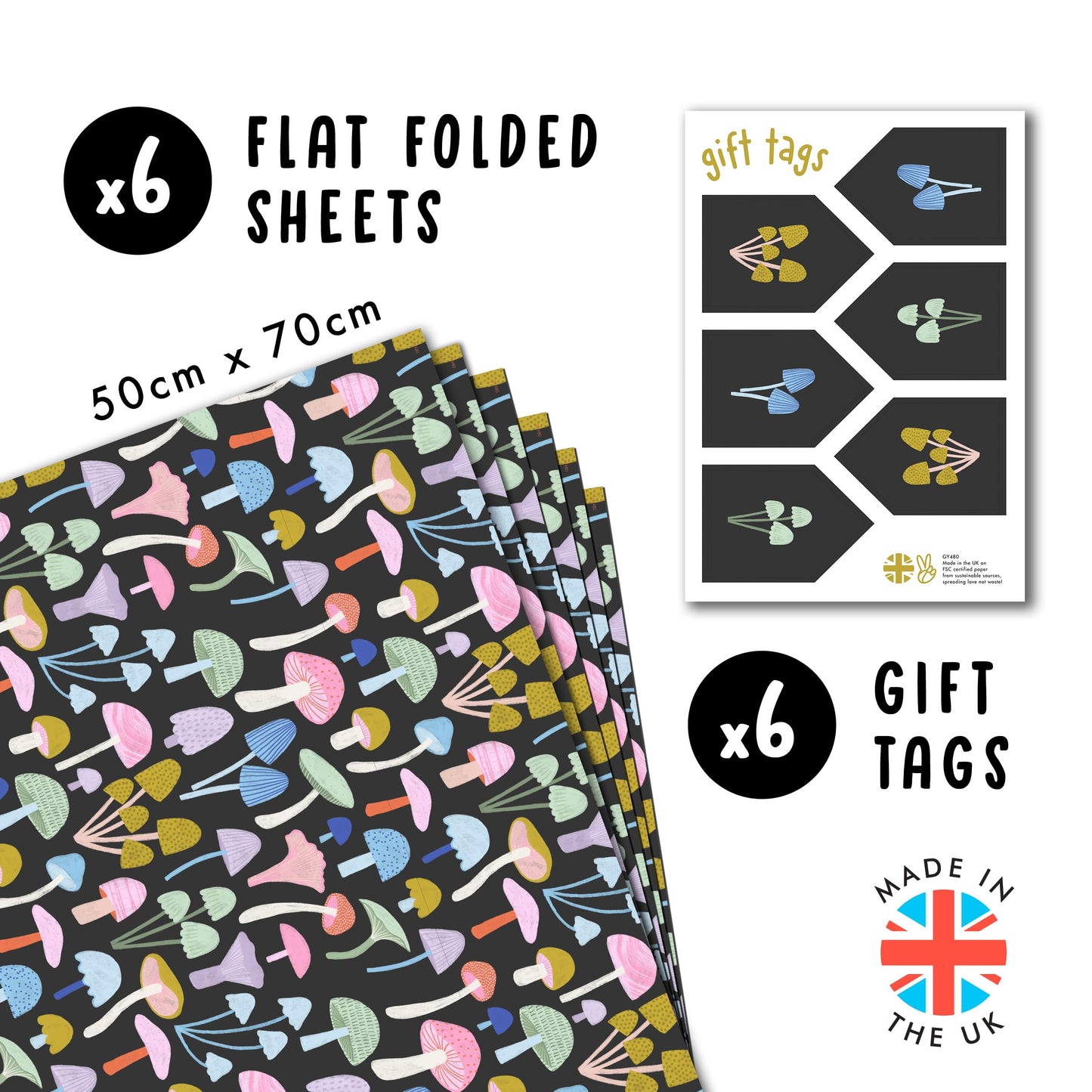 CENTRAL 23 Mushroom Wrapping Paper - 6 Sheets Of Birthday Gift Wrap For Women - Bright Mushrooms On Black Background - Halloween - Comes With Stickers - Recyclable