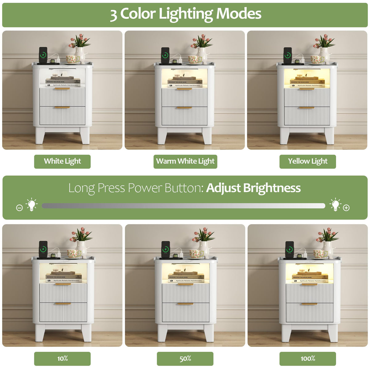 Turosur Night Stand with Charging Station, Fluted Nightstand with 2 Drawers and LED Light, Wood Bedside Table with Open Storage for Bedroom, White