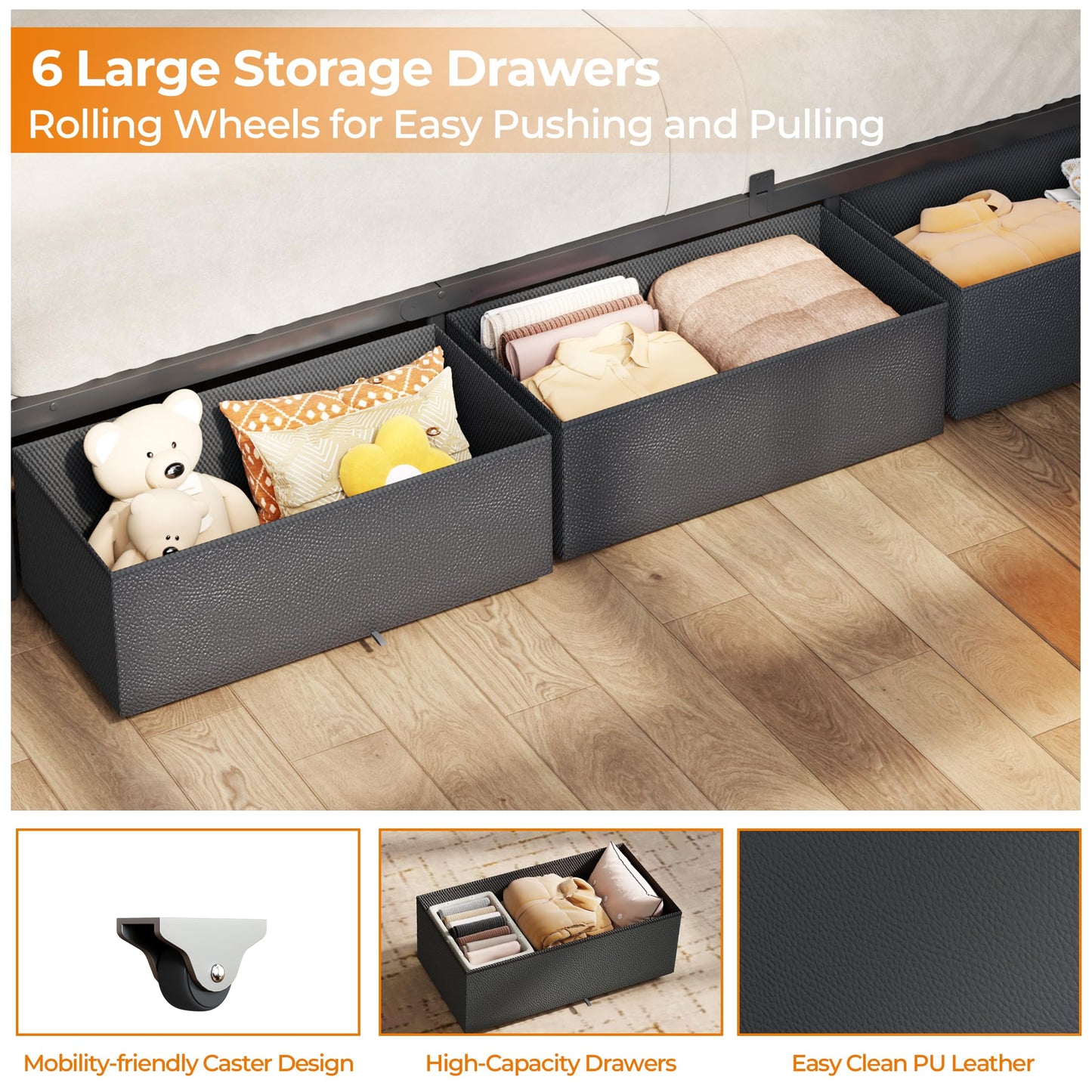 OURPIC Queen Bed Frame, 2-Tier Storage Headboard & 6 Fabric Drawers, PU Leather Upholstered Queen Size Platform Bed with Charging Station and LED Lights, No Box Spring Needed, Noise Free