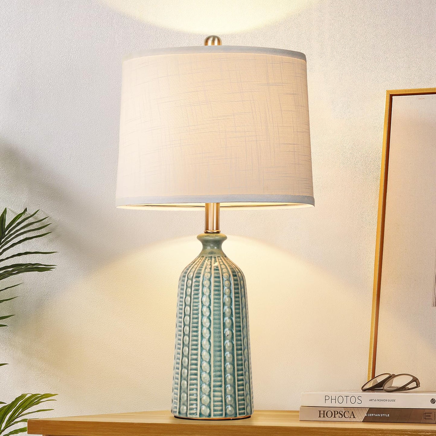 JUNNAI Green Ceramic Table Lamp 24.5": 3-Way Dimmable Nightstand Lamp with White Drum Lamp Shade | Modern Bedside Lamp for Bedrooms & Living Room (Bulb Included)
