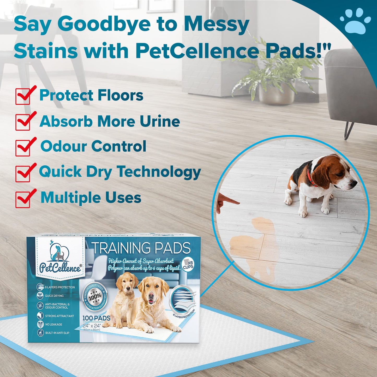 PetCellence Puppy Pads 100 Pack, Super Absorbent Pet Dog Training Pads Large 60 x 60cm with Anti-Slip Adhesive Tabs, Eliminate Odour, Leak-Proof Floor Protection Toilet Pee Mat