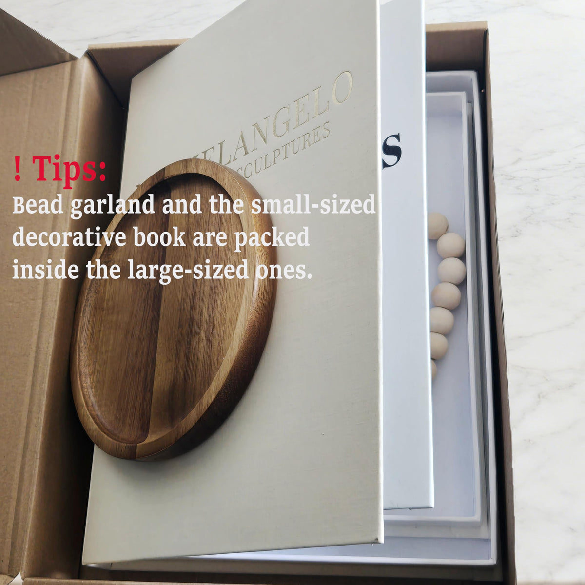 Chicooan 4-in-1 Decorative Books Set, Coffee Table Books Decor, 2 Linen Fake Book Boxes with Wood Tray, Bead Garland for Decoration, Bookshelf Boho Neutral Aesthetic Decor