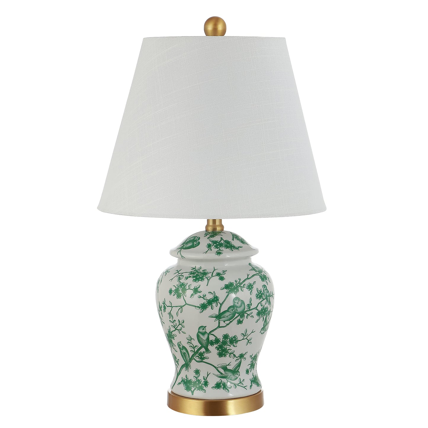 JONATHAN Y 22" White/Green Ceramic Table Lamp, French Country Chinoiserie Ginger Jar LED Bedside Lamp for Living Room Bedroom, White Linen Shade (JYL3005B)