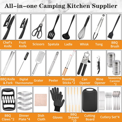 Camping Essentials Cookware Cooking Utensils Set - Portable Camp Kitchen Mess Kit Outdoor Accessories, Stainless Steel & Silicone, Camping Gear Equipment for RV Picnic Grill,Brown Pro