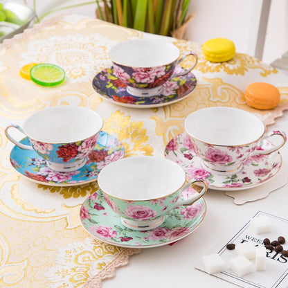 BTaT- Floral Tea Cups and Saucers Set of 4 (8 oz), Porcelain Tea Cup Sets with Gold Trim & Gift Box, Dishwasher & Freezer Safe, Mothers Day Gift