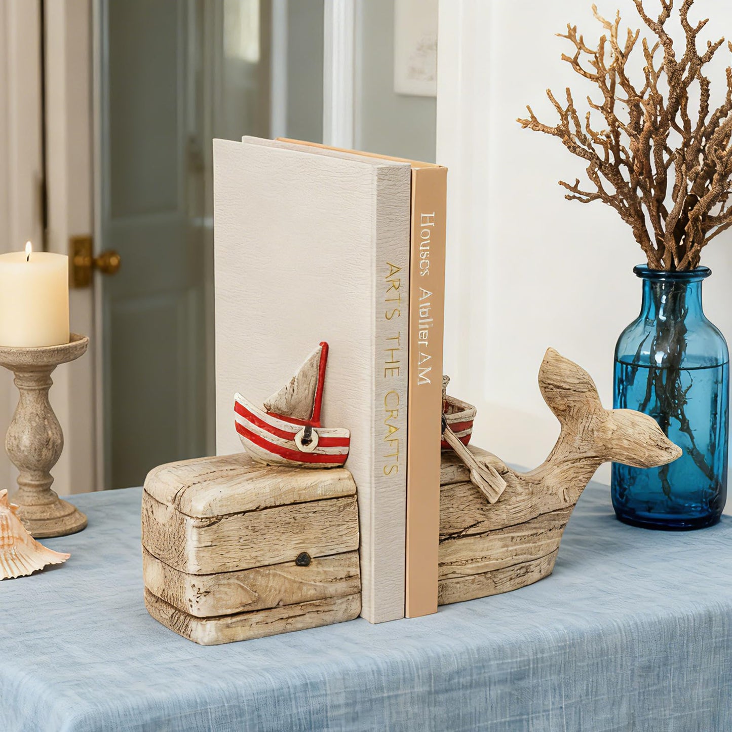 Guichifun Whale Decorative Bookends Book Holder - Distressed Finish Resin Cute Bookend Set with Sailboat Nautical Book Shelf Decor for Living Room Office Home Decoration Gift 11.8 X 3.9 X 6.5 inch