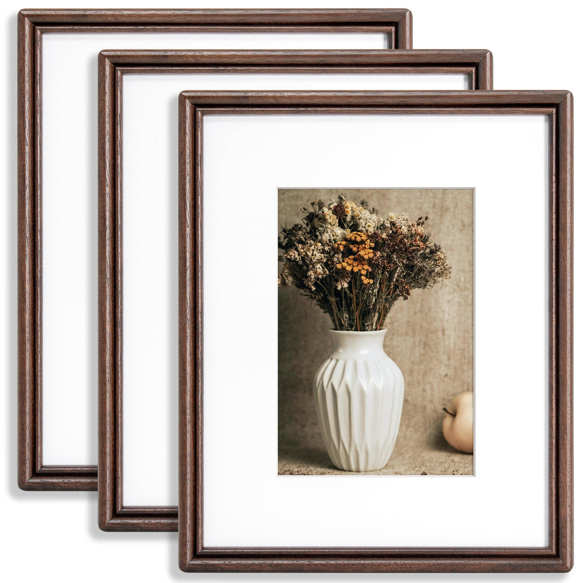 8x10 Picture Frame Set of 3, Natural Solid Walnut Wood Picture Frame with High Tempered Glass, Handcrafted Rounded Corner 8 by 10 Wooden Frame Matted to 5x7 Photo for Wall & Tabletop Display