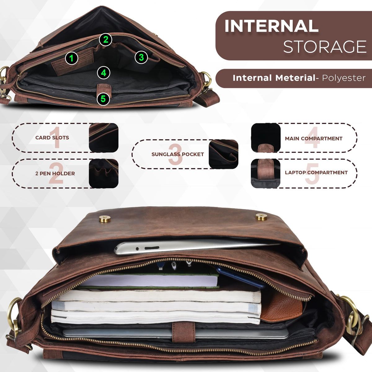 Oak Leathers Leather Messenger Bag for Men and Women - Laptop Briefcase Bag For College, Office, Adjustable Shoulder Strap (Wood)