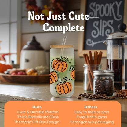 BOYIN HUES Halloween Pumpkin Cups - Cute Halloween Gifts Spooky Boo Basket Stuffers for Women, Teens, Kids - 16oz Glass Iced Coffee Cup w/Lid and Straw - Trick or Treat Party Favors Fall Decor