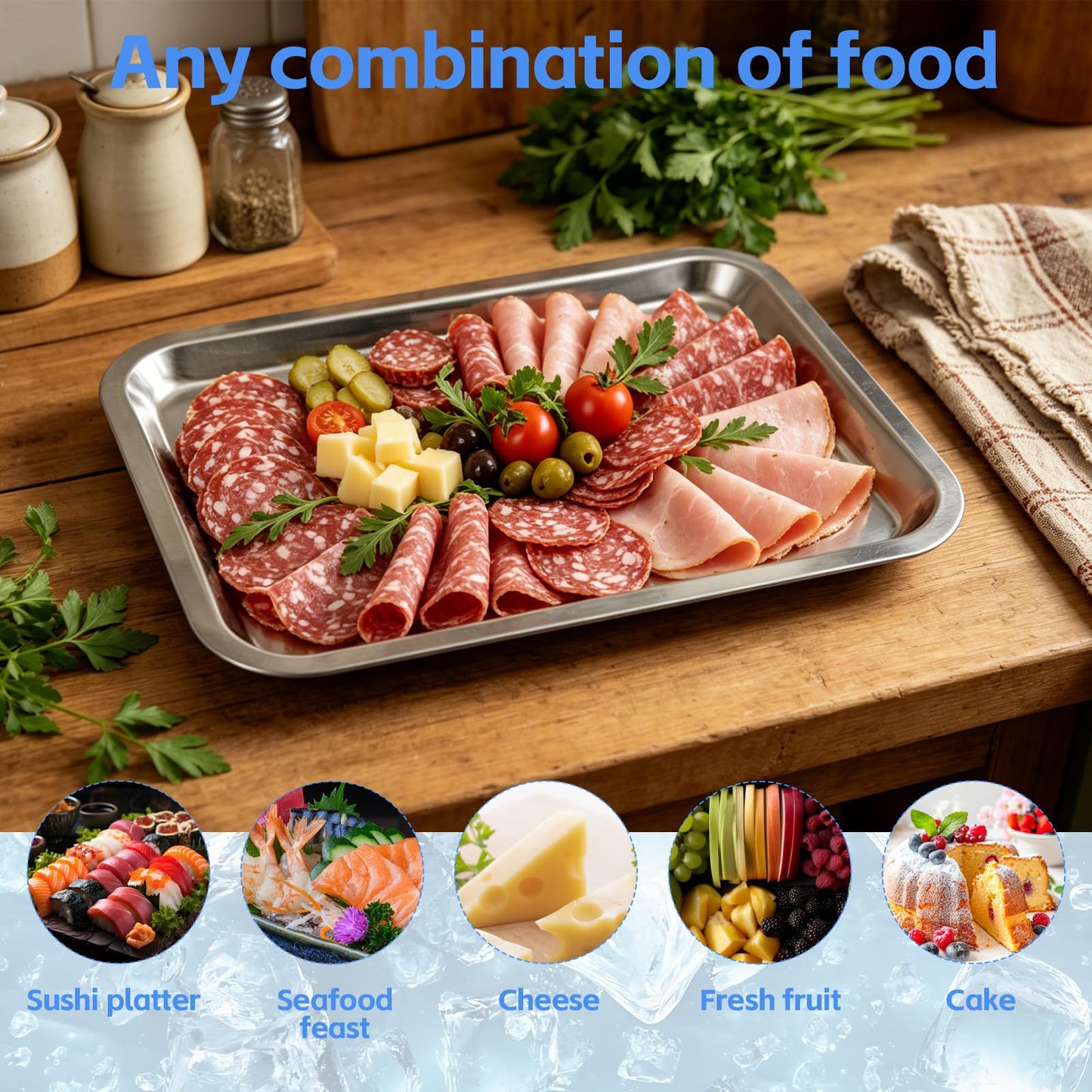 3 Set 14.2 Inch Chilled Serving Trays for Parties, Shrimp Cocktail Serving Dish with Compartments, Stainless Steel Ice Chilled Party Cooling Charcuterie Serving Board for Fruit Veggies Shrimp Cocktail