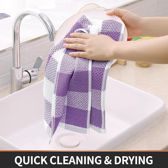 Homaxy 100% Cotton Waffle Weave Check Plaid Kitchen Towels, 13 x 28 Inches