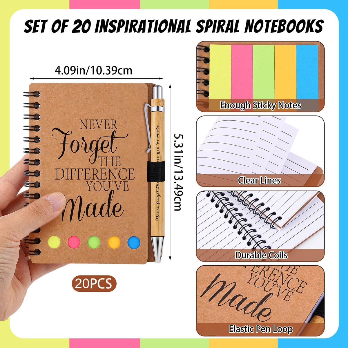 Czlotyh 20 Sets Employee Appreciation Gifts Encouragement Inspirational Spiral Notebooks with Sticky Notes Notepads Thank You Bamboo Ballpoint Pens for Nurse Coworker Teacher (NEVER FORGET)