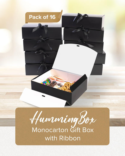 HummingBox Black Gift Box Set of 16 - Gift Boxes for Presents & gifting on weddings, birthdays & more - Easy to Assemble Black Gift Boxes With Lids & Ribbon Closure - Decorative Boxes With Lids