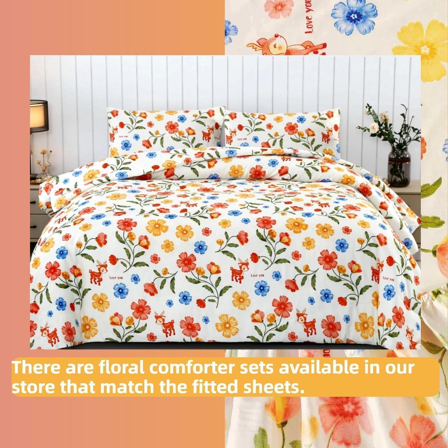 SDIII Reindeer and Floral Full Size Fitted Sheet with 2 Pillowcases, Deep Pocket Soft Microfiber Fawn and Floral Full Size Sheet All Season