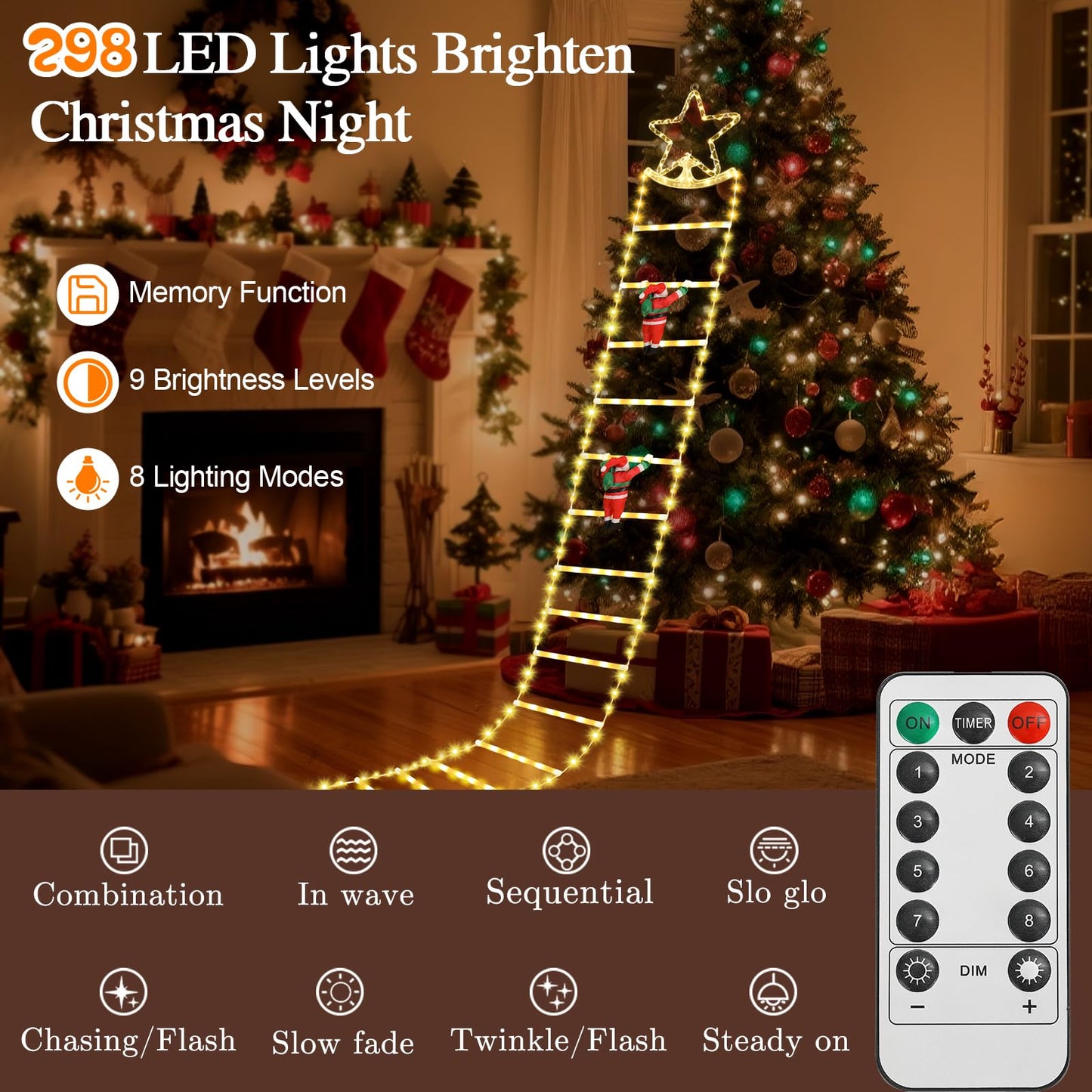 Lewondr Christmas Ladder Lights, 9.8ft Xmas Decorative Light with 2 Santa Ladder Climbing, 298 LED Lights, 8 Modes Remote Control, Outdoor Christmas Decor Indoor Window Wall Xmas Tree Decor,Warm White