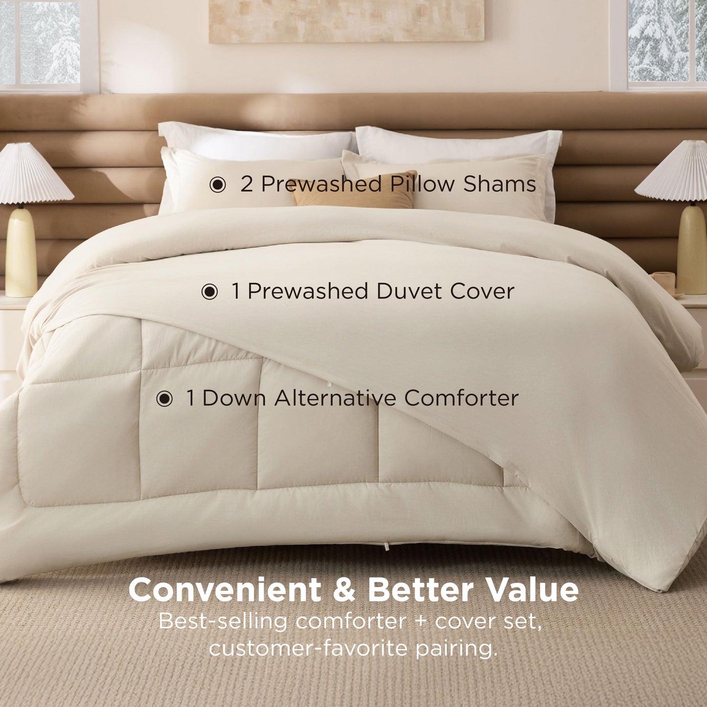 Bedsure Removable Cover with Comforter Duvet Insert King - 4 Pieces Beige Prewashed Soft Bedding Set for All Seasons Use, Includes 1 Duvet Cover, 1 Comforter, 2 Pillow Shams