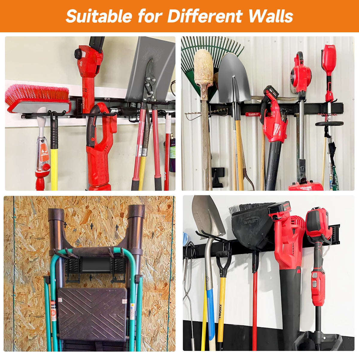 WEZAFO Garage Tool Organizer Wall Mount, Heavy Duty 48 Inches Garage Organization and Storage Racks for Yard Tools with 6 Hooks, Tool Hangers Holders for Hanging Folding Chair, Rake and Shovel