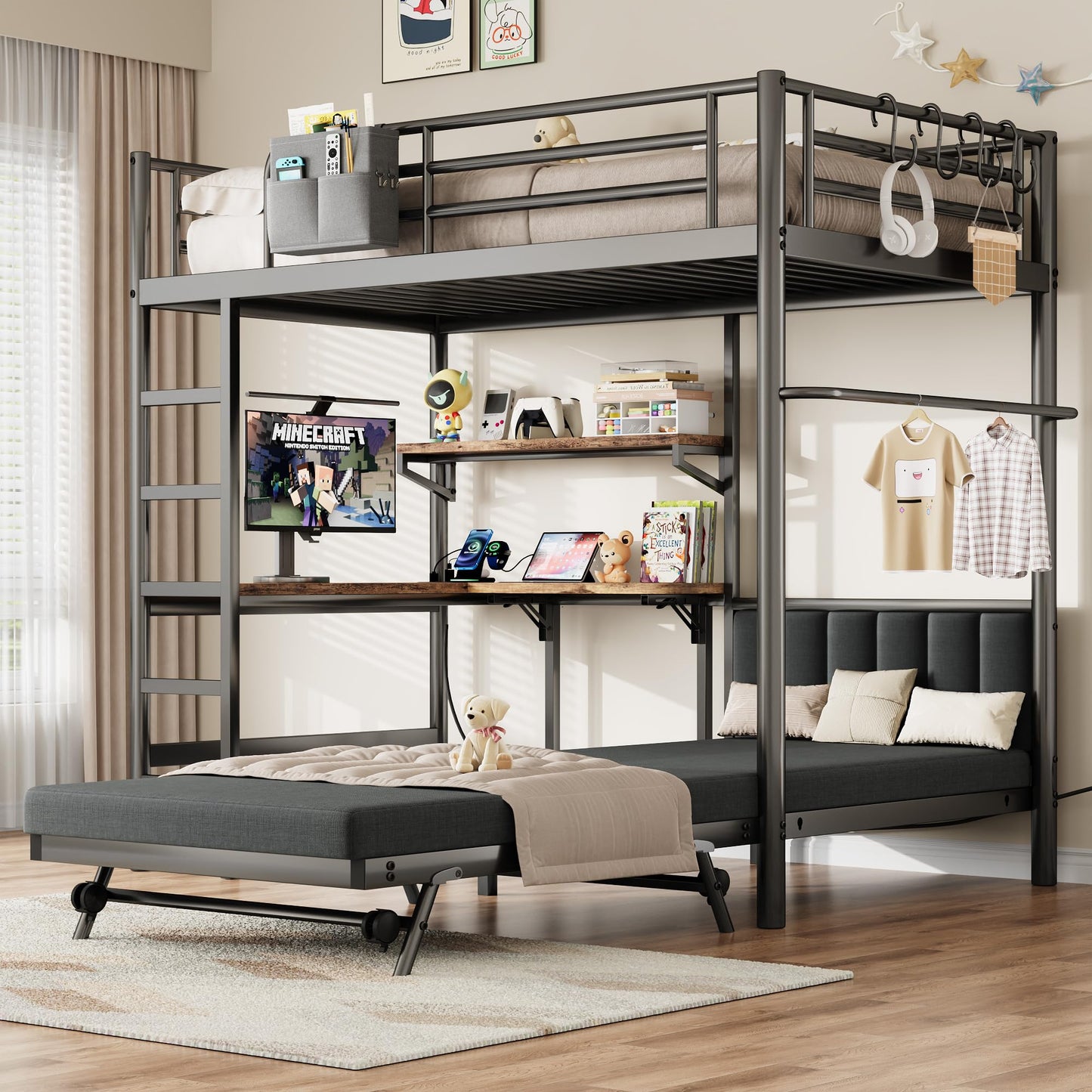 Twin Loft Bed with Pull-Out Folding Bed and Desk, Heavy Duty Metal Bunk Bed Frame with Mattress, Dual-Access Bed, Charging Station, 2-Tier Adjustable Shelves, Safety Guard Rail & Ladder (Dark Black)