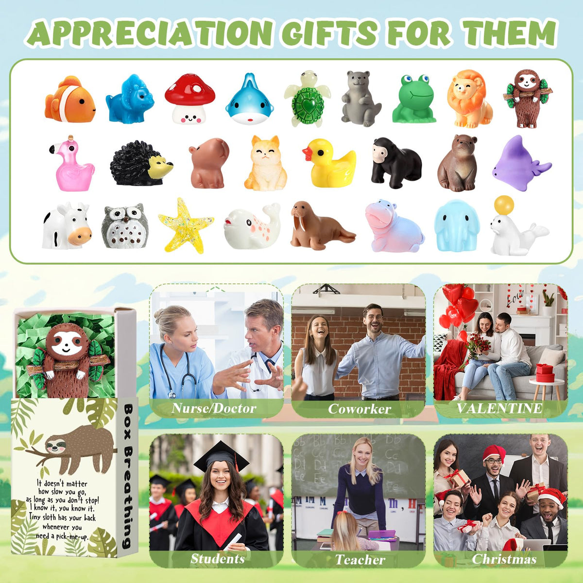 Cinnvoice 100 Sets Emotional Employee Appreciation Gift Bulk Positive Tiny Animals with Inspirational Card Box Breathing Gift for Dispatcher Lab Week Staff Coworker Team Teacher Nurse (Various Styles)