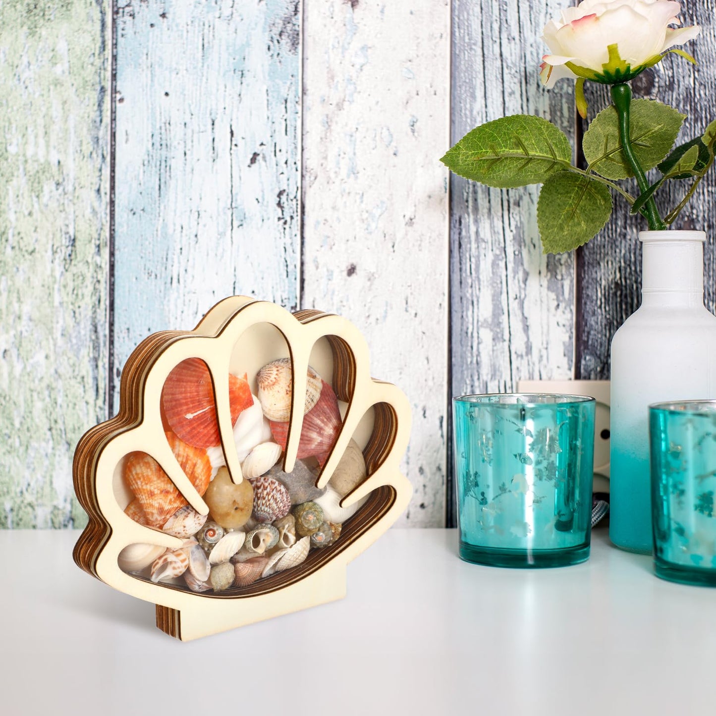 Ckhoid 2PCS Sea Shell Holder, Wooden Seashell Display Case with Clear Window, Small Shadow Storage Box for Shells Starfish Shark Tooth Keepsake, Coastal Beach Room Collection Container Decor Gift