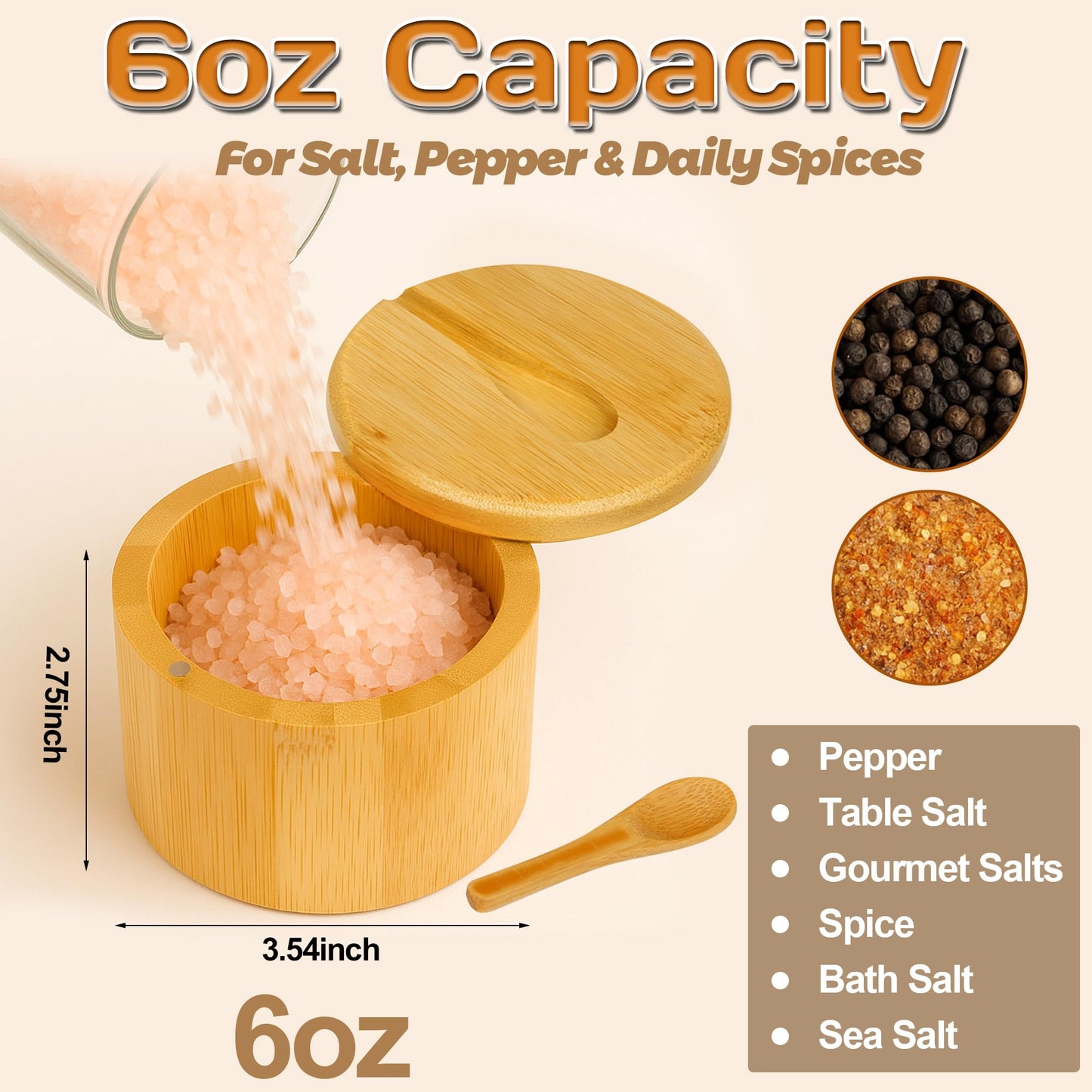 Loscarol 2Pcs Bamboo Salt Cellar Spice Box with Magnetic Swivel Lid & Spoon, Bamboo Storage Box Salt Container to Storage Pepper, Table Salt, Gourmet Salts, Spice, Sugar, 6 oz