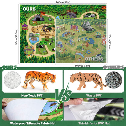 FRUSE Safari Animals Figures Toys with 145x98cm Jumbo Play Mat,12PCS Jungle Zoo Animals Playset with Lion,Elephant,Educational Learning Toys for Kids