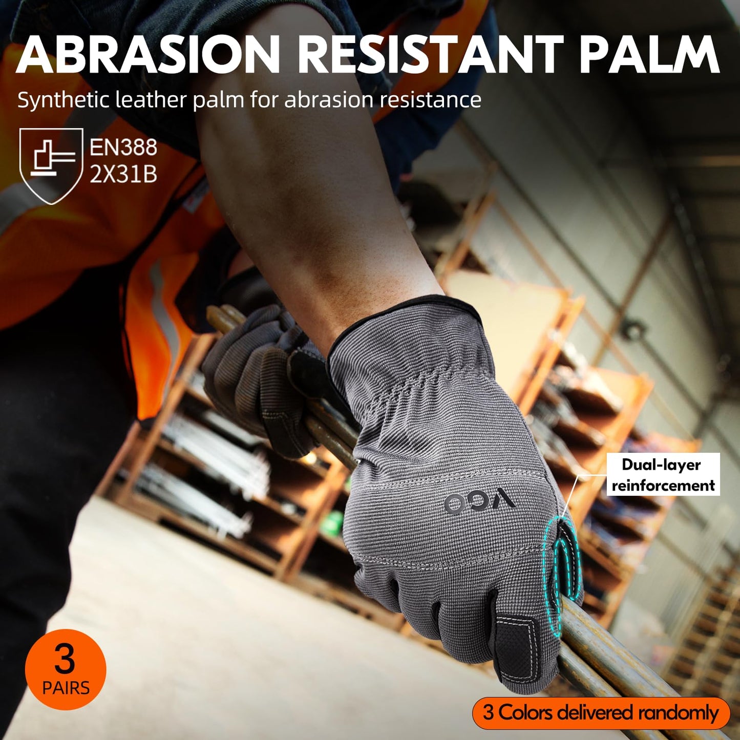 Vgo... 3 Pairs Safety Work Gloves - Builder & Gardening Gloves (Size L, 3 Colours, NB7581)