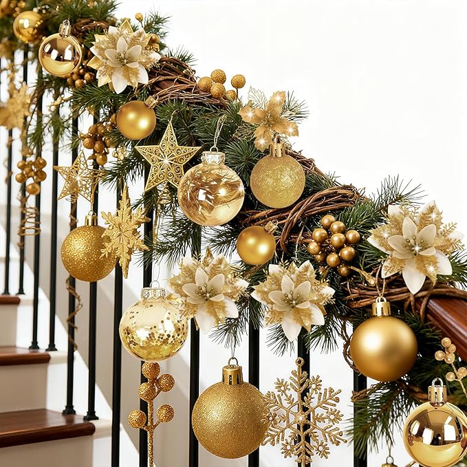 76Pcs Christmas Tree Decorations Set, Gold Assorted Ornaments with Large Shatterproof Plastic Balls, Star Tree Topper, Glitter Berries Stems, Ribbon for Indoor Garland Home Holiday Wedding Decor