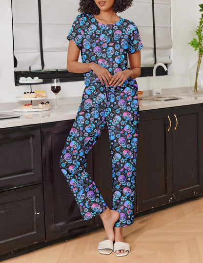 Ekouaer 2 Pack Pajamas for Women Set Short Sleeve Sleepwear Top and Pants Pjs Soft Printed Lounge Sets with Pockets Skull/Halloween XX-Large