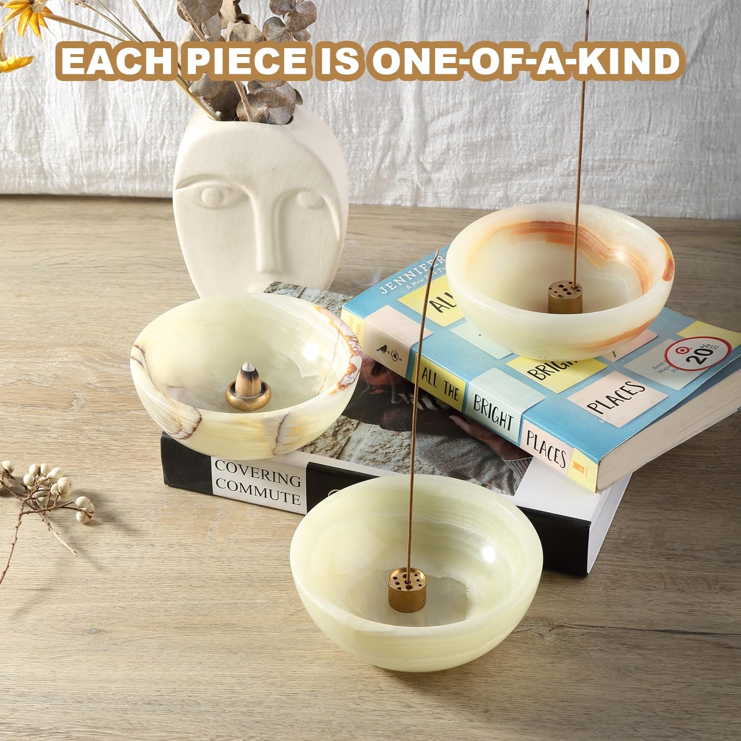 Koville Turkish Natural Marble Incense Holder, 5inch Incense Holders for Sticks, Sturdy Incense Burner Ideal for Meditation and Relaxing, Easy to Clean(Green Onyx)