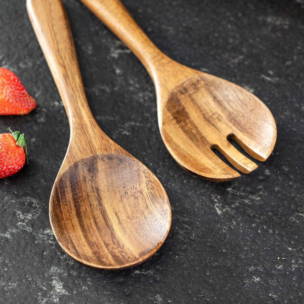 JF JAMES.F Wooden Salad Bowl, 12'' Acacia Wood Large Salad Bowl Set Big Salad Serving Bowl with Serving Utensils