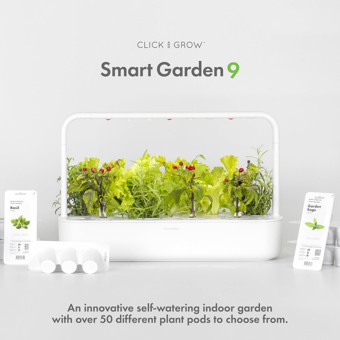 Click & Grow Indoor Herb Garden Kit with Grow Light | Easier Than Hydroponics Growing System | Smart Garden for Home Kitchen Windowsill | Vegetable & Herb Garden Starter Kit with 9 Plant pods, Gray