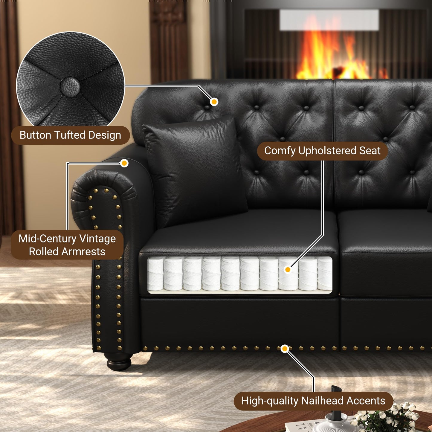 KEIKI 2-Piece Chesterfield Sofa Set with 1 Faux Leather 3-Seater Sofa & 1 Single Sofa, Upholstered 4-Seater Couch Set with Nailhead Trim & Rolled Arms & 1 Ottoman & 4 Pillow, for Living Room, Black