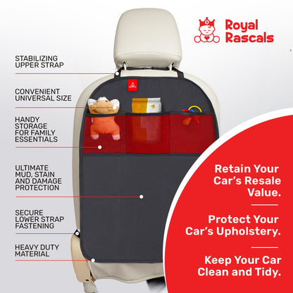 Royal Rascals Car Seat Kick Mats Back Seat Protector (2 Pack) Durable Waterproof Back Seat Organiser for Kids, Car Travel Accessories with Pockets & Storage, Road Trip Essentials, Easy to Install