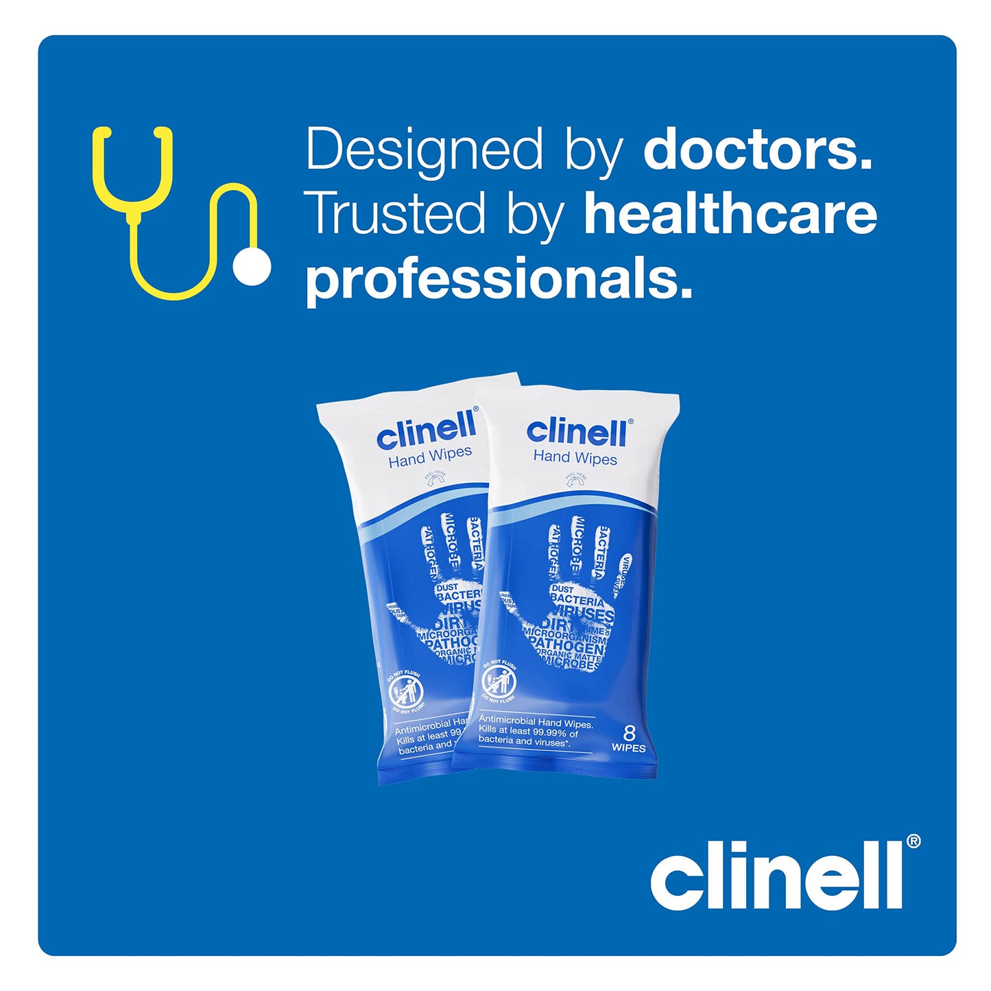 Clinell Antimicrobial Hand Wipes Ideal for Travel - 20 Packs of 8 Wipes - Dermatologically Tested, Kills 99.99% of bacteria & viruses
