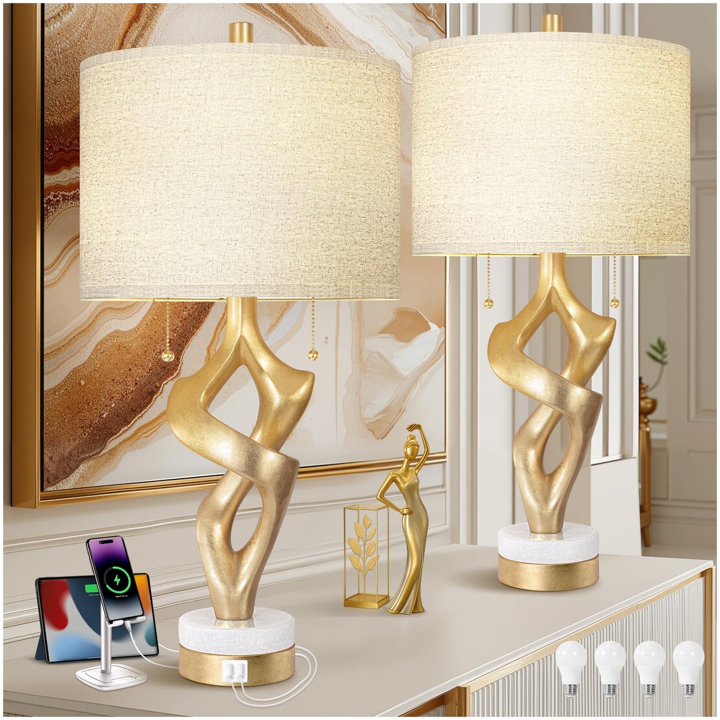 Scenekoy Sculptural Table Lamp Set of 2 with USB Ports for Bedroom Living Room, 26” Gold Leaf Marble Base Bedside Lamps, Pull Chains Switch Modern Nightstand Lamp for Home Room Decor (Bulbs Included)