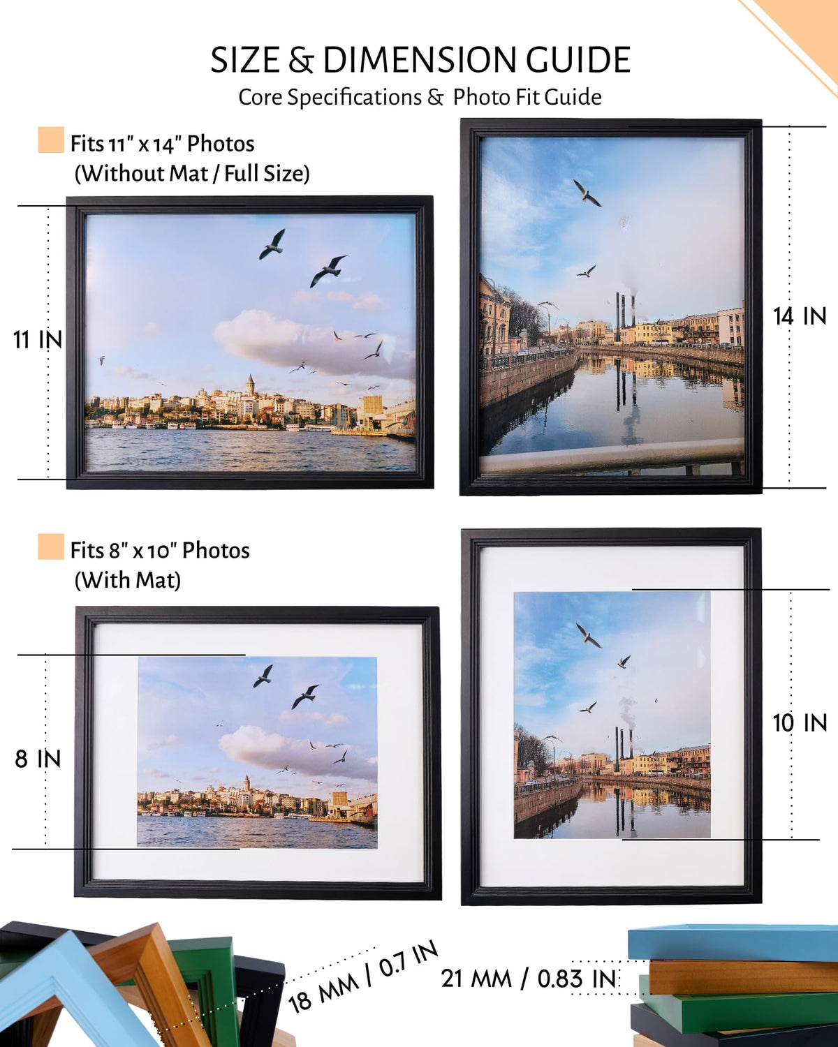 Exper City 11x14 Wooden Picture Frame, Displays 11x14 Without Mat or 8x10 With Mat, Solid Wood Colorful Photo Frame for Wall, Real Glass, Rustic Stepped Edge Design, 2 Pack, Black