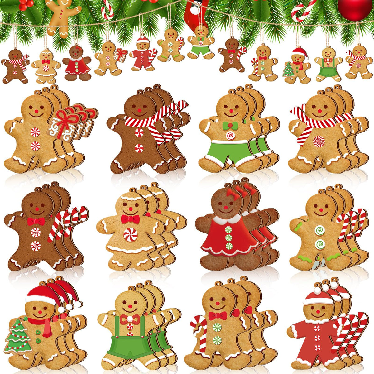 Ferraycle 36 Pcs Gingerbread Christmas Ornaments Christmas Tree Decorations 3 Inch Decorations Wooden Hanging Ornaments for Xmas Tree Home Kitchen Holiday Party Decor(Classic Style,Red)
