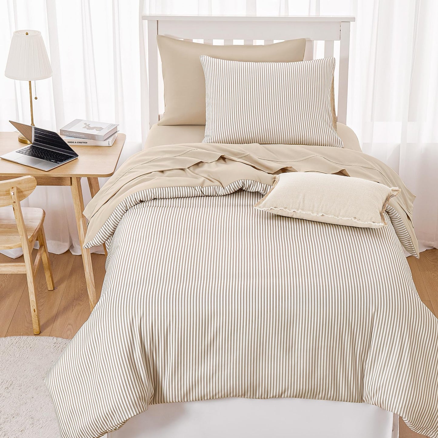 Wake In Cloud - Striped Comforter Set, Ticking Stripe Vertical Pinstripe Neutral Farmhouse Pattern Printed, Soft Lightweight Bedding, 3 Pieces, Light Brown White, Twin/Twin XL Size