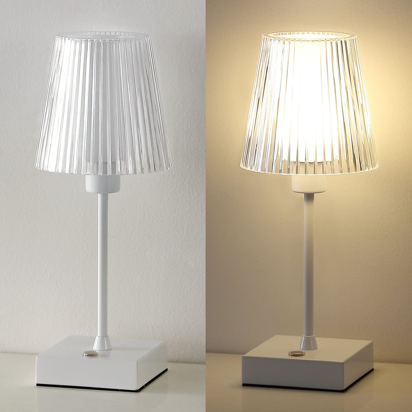 JONATHAN Y 12.5" White Cordless Portable Rechargeable LED Lamp, with Clear Ribbed Acrylic Shade, Touch Dimmable Modern Industrial Mini Accent Lamp for Bar Vanity (JYL7225B)