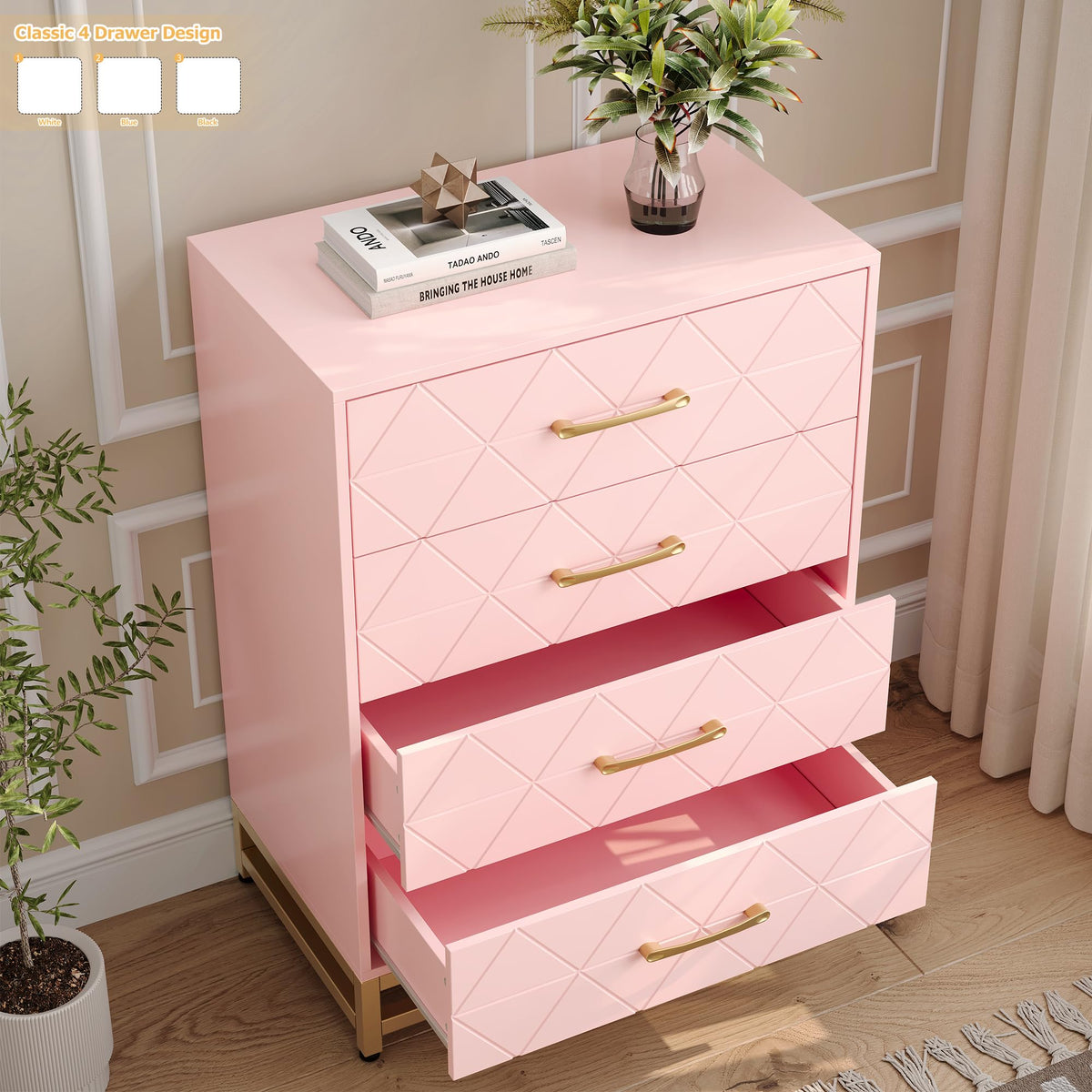 GarveeHome Wooden Dresser for Bedroom, Dressers & Chest of Drawers with 4 Drawer, Wood nightstand for Storage and Organization (Pink)