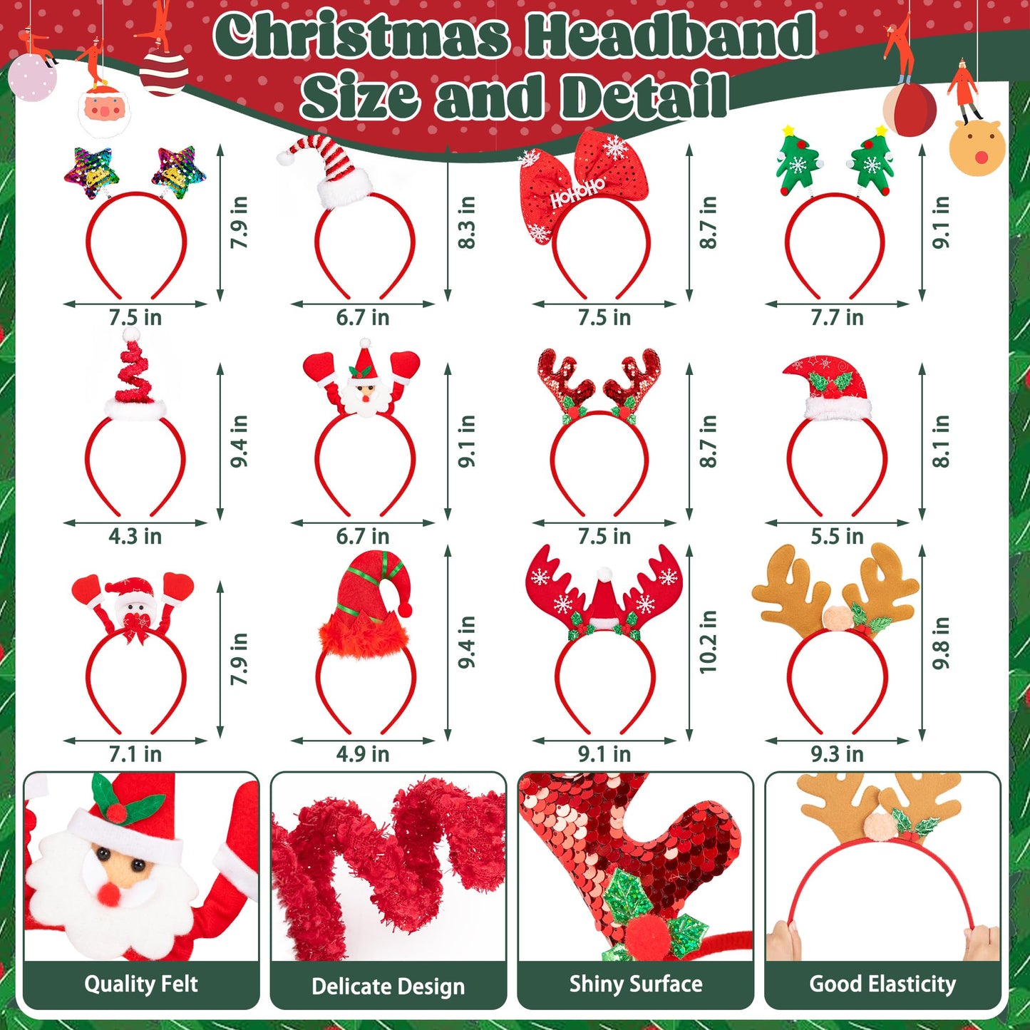 48 Pcs Christmas Glasses Frame and Headbands Set, Cute Christmas Head Boppers and Glasses with 24 Designs Santa Hat Leprechaun Snowman Reindeer Antler, Christmas Party Favors, Accessories, Supplies