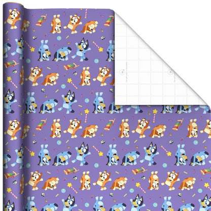 Hallmark Bluey Wrapping Paper Rolls for Kids (3 Rolls: 60 Sq. Ft. Total) Purple, Blue and Yellow Gift Wrap for Birthdays, Christmas, Valentine's Day