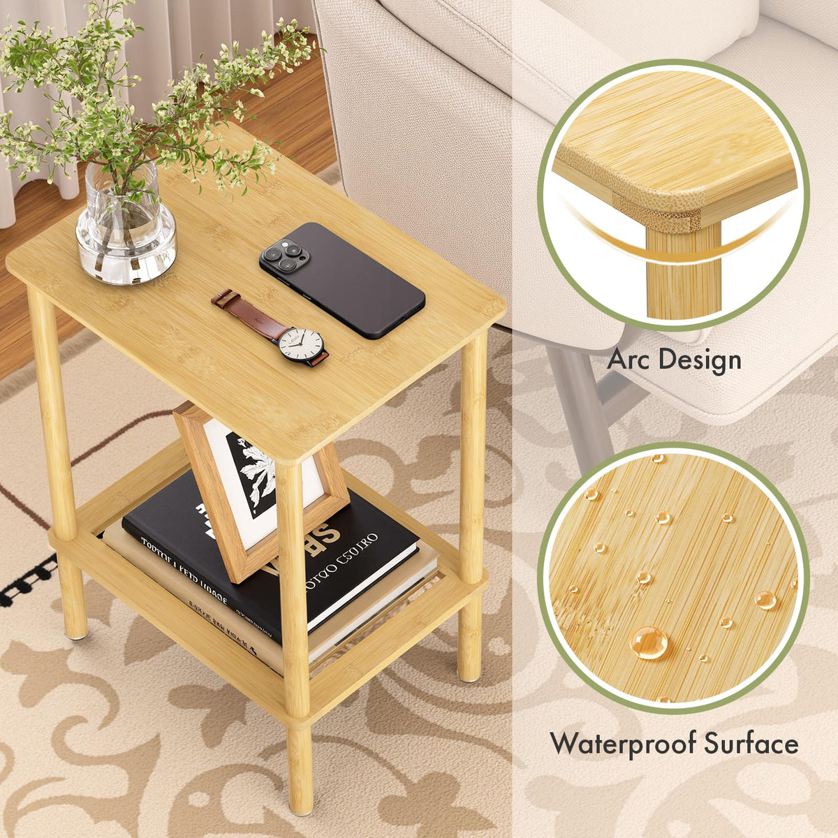 Atoping 2 Tier Bamboo End Table, Narrow Side Table with Adjustable Feet, Waterproof Small Bedside Table, Nightstand, Entryway Table for Living Room Bedroom Bathroom, No Tool Assembly, 66LBS Capacity