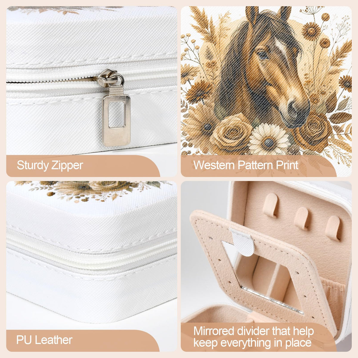CEELGON Western Jewelry Box Case Gift Horse Print Travel Jewelry Organizer Christmas Gifts for Teen Girls Cowgirl Stuff Small Portable Travel Accessories for Women (Horse)