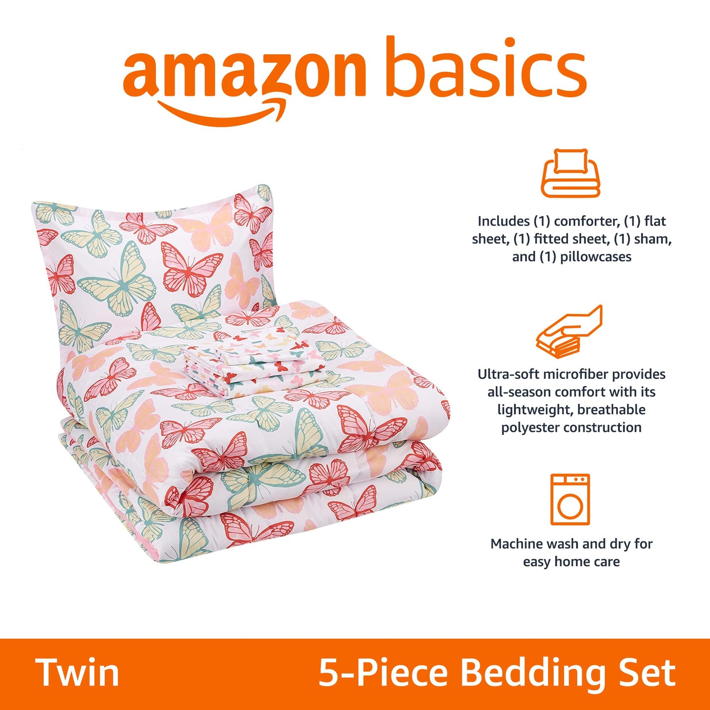 Amazon Basics 5-Piece Soft Microfiber Kid's Bed-in-a-Bag Bedding Set with Comforter, Sheets, Sham and Pillowcase, Twin, Butterfly Friends
