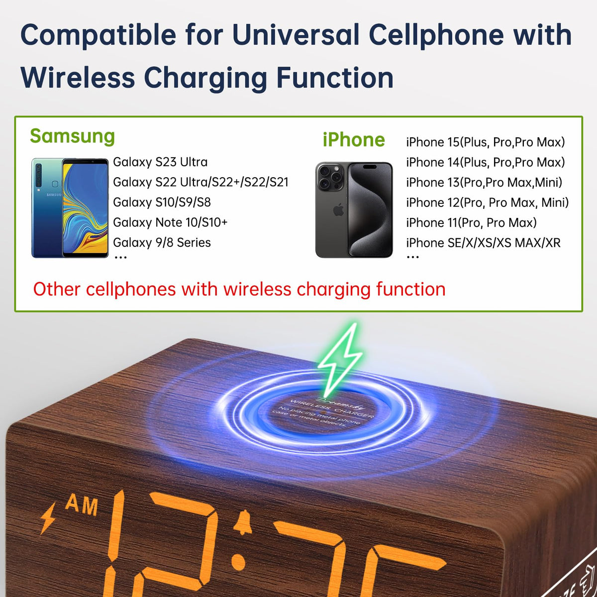 DreamSky Wooden Digital Alarm Clock with Wireless Charging for Bedroom