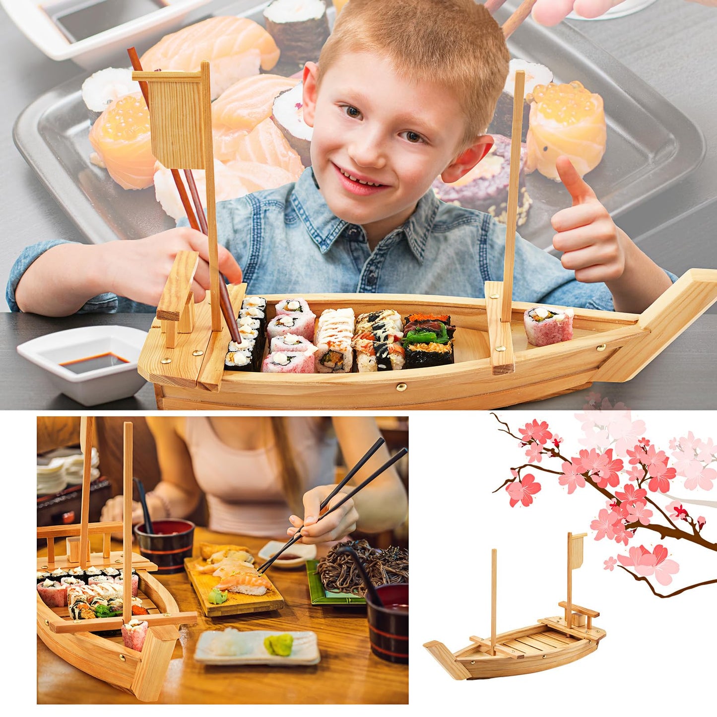 Juexica Wooden Sushi Boat Serving Tray Japanese Sushi Plate for Restaurant Sushi Tray Wood Serving Boat Plate for Food Display Home Wedding Birthday Party (Light Wood Color,24 Inch)