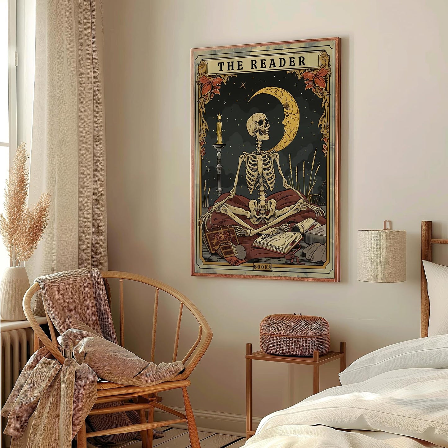 Tarot card wall art Skeleton Reader Tarot Picture Decor Library Reading Room School Decor Book Lover Witchy Gothic Halloween Canvas Paintings Gifts for Readers Book Lovers Gifts 16x24inch Unframed